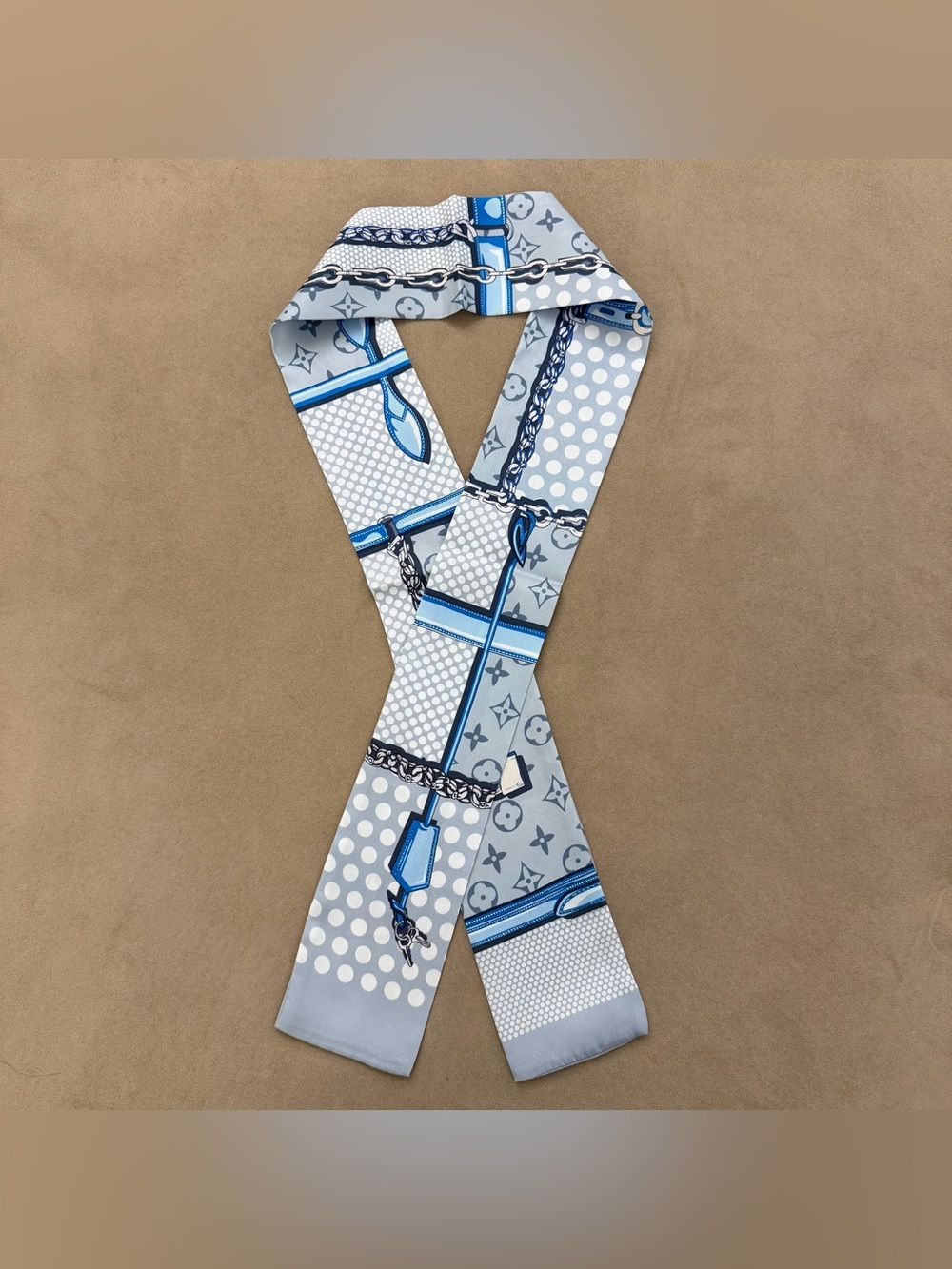 Designer Blue Monogram & Chain Silk Bandeau Scarf - Longer - Picture 3 of 6